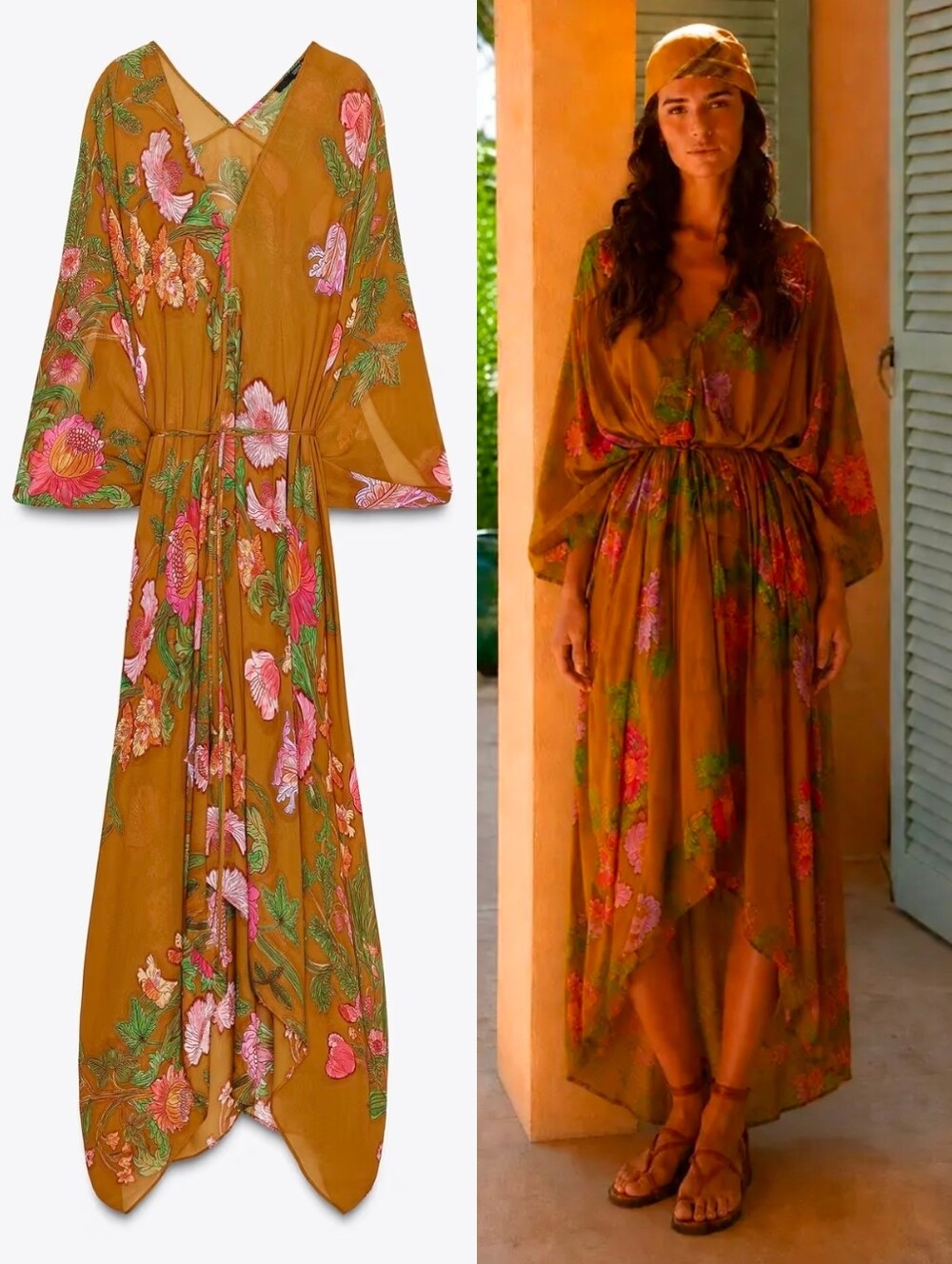 NWT Zara Collection Mustard Floral Oversized Sheer Kimono Style Midi Dress